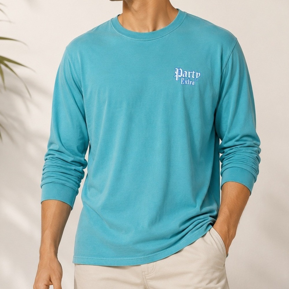 Party Pants‎ Mens T-Shirt Teal Long Sleeve Parrot Party Extra Graphic Medium